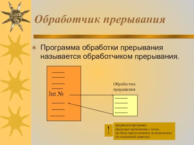 Обработчик прерывания Программа обработки прерывания называется обработчиком прерывания. Int № Обработчик прерывания