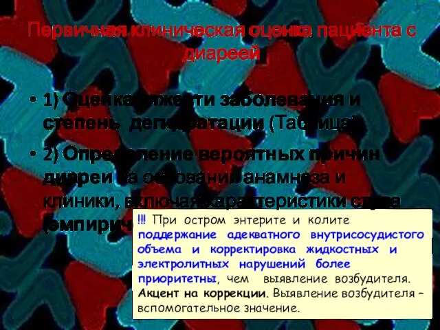 Первичная клиническая оценка пациента с диареей 1) Оценка тяжести заболевания и степень