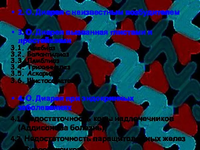 2. О. Диарея с неизвестным возбудителем 3. О. Диарея вызванная глистами и