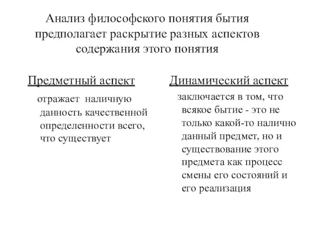 Анализ философского понятия бытия предполагает раскрытие разных аспектов содержания этого понятия Предметный