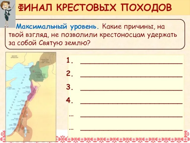 Максимальный уровень. Какие причины, на твой взгляд, не позволили крестоносцам удержать за