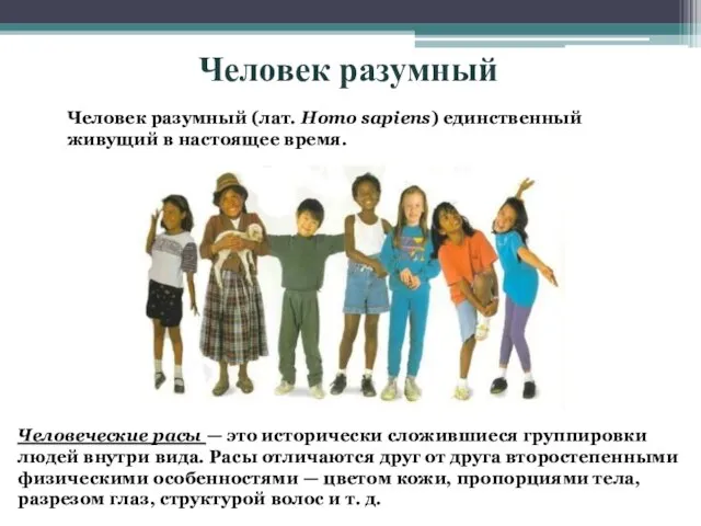 Человек разумный Человек разумный (лат. Homo sapiens) единственный живущий в настоящее время.