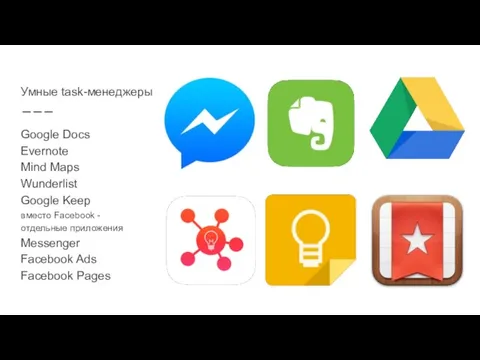 Google Docs Evernote Mind Maps Wunderlist Google Keep вместо Facebook - отдельные