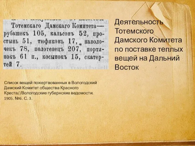 Деятельность Тотемского Дамского Комитета по поставке теплых вещей на Дальний Восток Список