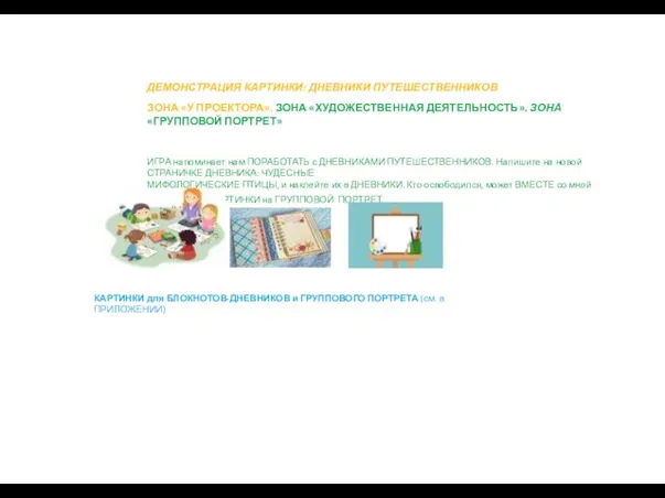 ДЕМОНСТРАЦИЯ КАРТИНКИ: ДНЕВНИКИ ПУТЕШЕСТВЕННИКОВ ЗОНА «У ПРОЕКТОРА». ЗОНА «ХУДОЖЕСТВЕННАЯ ДЕЯТЕЛЬНОСТЬ». ЗОНА «ГРУППОВОЙ