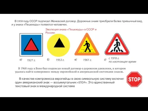 В 1959 году СССР подписал Женевский договор. Дорожные знаки приобрели более привычный