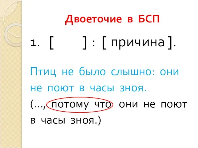 Двоеточие в БСП 1. [ ] : [ причина ]. Птиц не