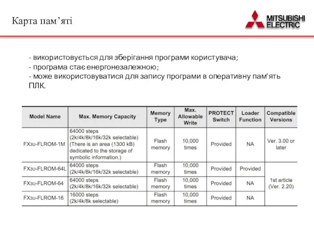 - використовується для зберігання програми користувача; - програма стає енергонезалежною; - може