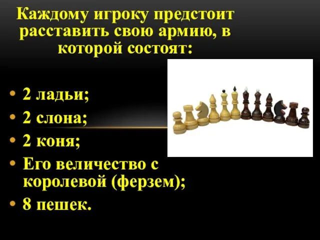 Каждому игроку предстоит расставить свою армию, в которой состоят: 2 ладьи; 2