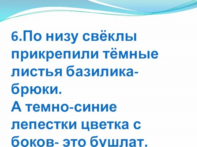 6.По низу свёклы прикрепили тёмные листья базилика-брюки. А темно-синие лепестки цветка с боков- это бушлат.