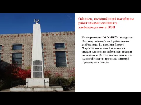 Обелиск, посвящённый погибшим работниками комбината хлебопродуктов в ВОВ На территории ОАО «ВКХ»