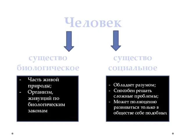 Человек Часть живой природы; Организм, живущий по биологическим законам Обладает разумом; Способен