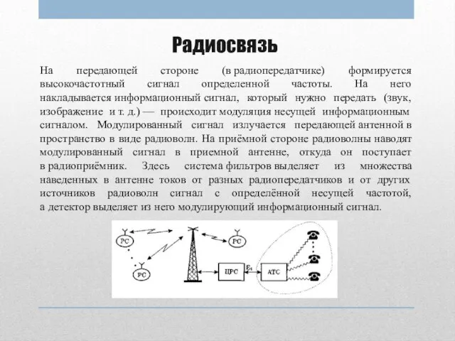 Радиосвязь На передающей стороне (в радиопередатчике) формируется высокочастотный сигнал определенной частоты. На