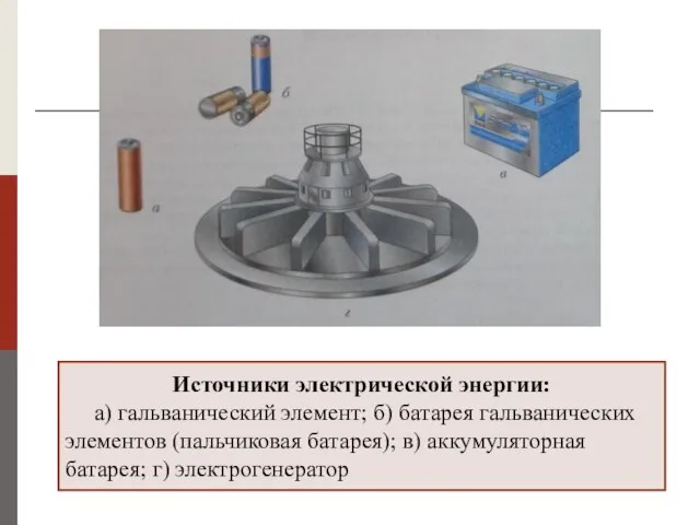 Источники электрической энергии: а) гальванический элемент; б) батарея гальванических элементов (пальчиковая батарея);