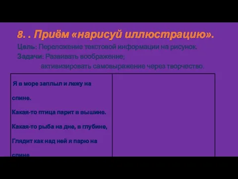 8. . Приём «нарисуй иллюстрацию». Цель: Переложение текстовой информации на рисунок. Задачи: