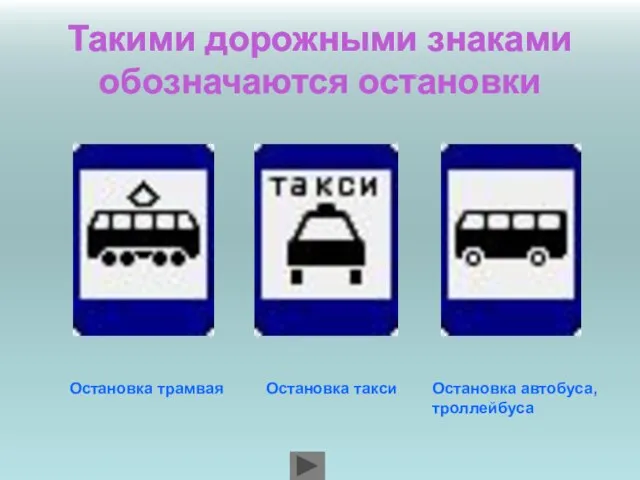 Такими дорожными знаками обозначаются остановки Остановка трамвая Остановка автобуса, троллейбуса Остановка такси