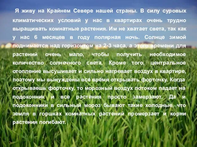 Я живу на Крайнем Севере нашей страны. В силу суровых климатических условий