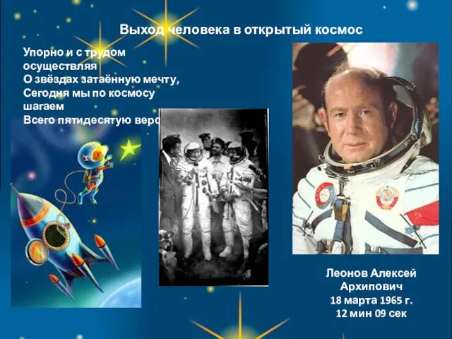 Выход человека в открытый космос Леонов Алексей Архипович 18 марта 1965 г.