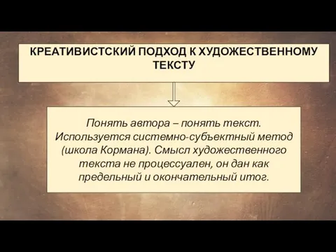 КРЕАТИВИСТСКИЙ ПОДХОД К ХУДОЖЕСТВЕННОМУ ТЕКСТУ Понять автора – понять текст. Используется системно-субъектный