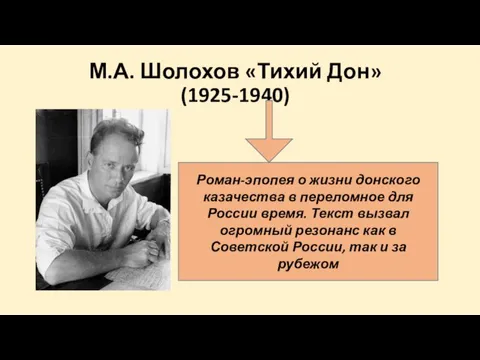 М.А. Шолохов «Тихий Дон» (1925-1940) Роман-эпопея о жизни донского казачества в переломное