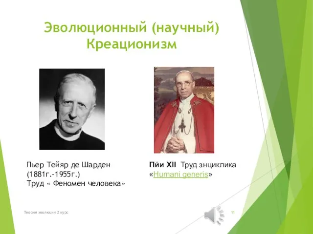 Эволюционный (научный) Креационизм Пьер Тейяр де Шарден (1881г.-1955г.) Труд « Феномен человека»