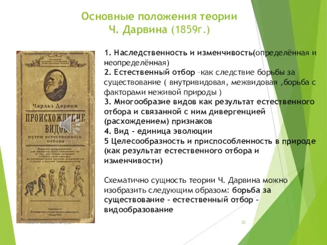 Основные положения теории Ч. Дарвина (1859г.) 1. Наследственность и изменчивость(определённая и неопределённая)