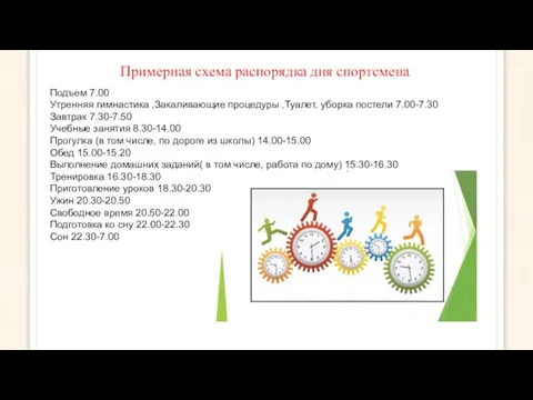 Примерная схема распорядка дня спортсмена Подъем 7.00 Утренняя гимнастика ,Закаливающие процедуры ,Туалет,