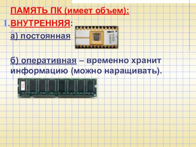 ПАМЯТЬ ПК (имеет объем): ВНУТРЕННЯЯ: а) постоянная б) оперативная – временно хранит информацию (можно наращивать).