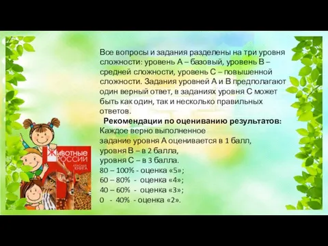 Все вопросы и задания разделены на три уровня сложности: уровень А –