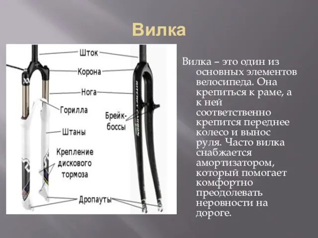 Вилка Вилка – это один из основных элементов велосипеда. Она крепиться к