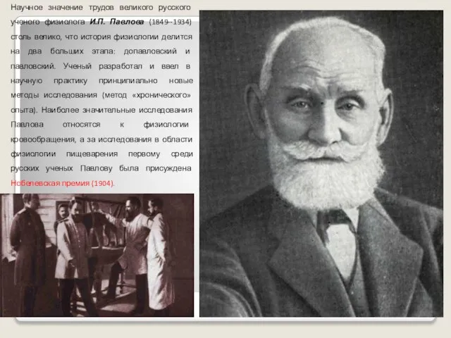 Научное значение трудов великого русского ученого физиолога И.П. Павлова (1849--1934) столь велико,