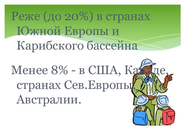 Реже (до 20%) в странах Южной Европы и Карибского бассейна Менее 8%