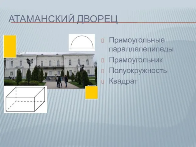 АТАМАНСКИЙ ДВОРЕЦ Прямоугольные параллелепипеды Прямоугольник Полуокружность Квадрат