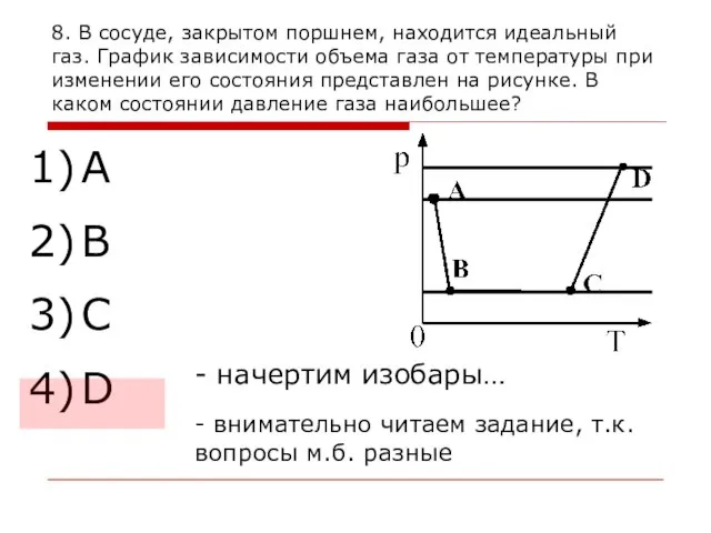 8. В сосуде, закрытом поршнем, находится идеальный газ. График зависимости объема газа