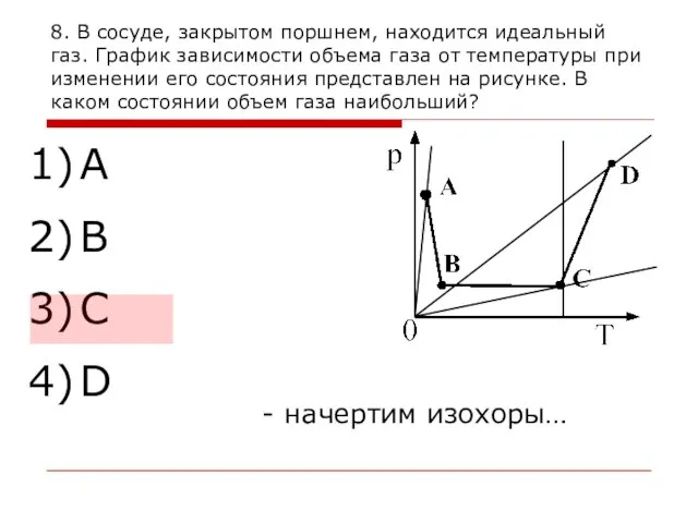 8. В сосуде, закрытом поршнем, находится идеальный газ. График зависимости объема газа