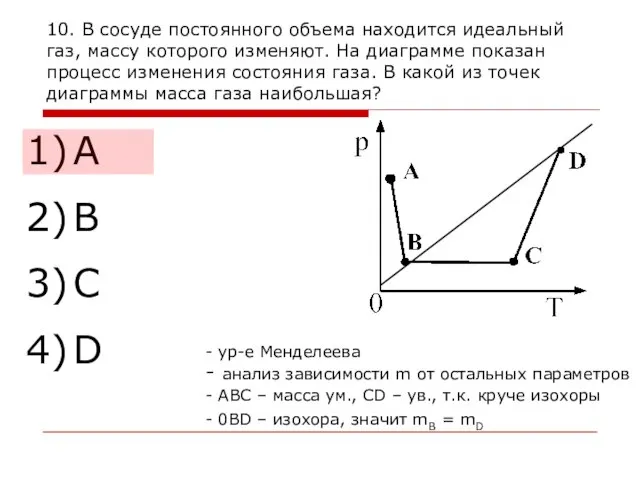 10. В сосуде постоянного объема находится идеальный газ, массу которого изменяют. На