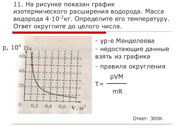 11. На рисунке показан график изотермического расширения водорода. Масса водорода 4·10-2кг. Определите