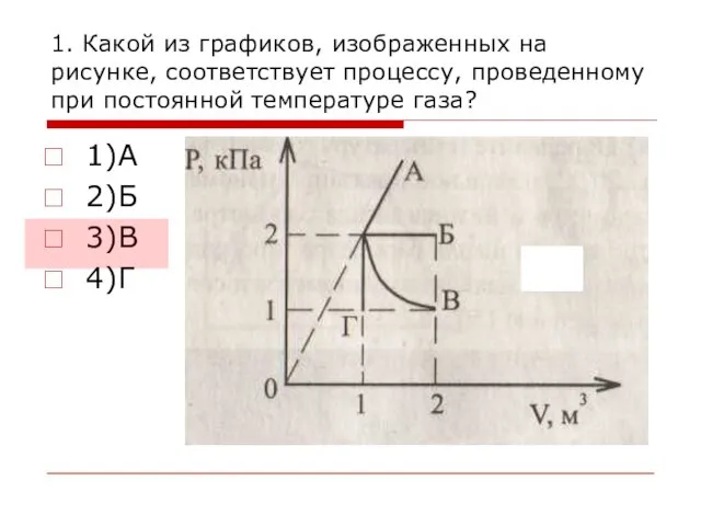 1. Какой из графиков, изображенных на рисунке, соответствует процессу, проведенному при постоянной