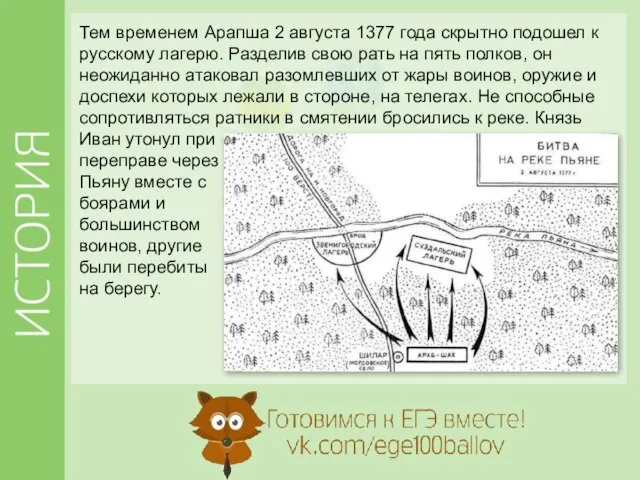 Тем временем Арапша 2 августа 1377 года скрытно подошел к русскому лагерю.