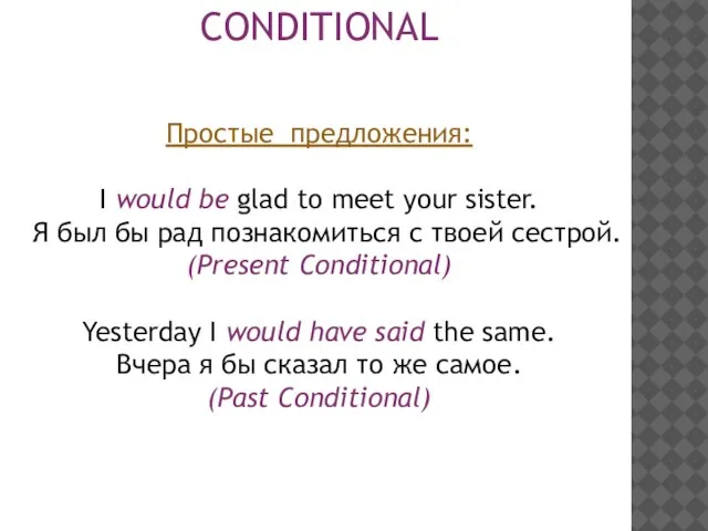 CONDITIONAL Простые предложения: I would be glad to meet your sister. Я