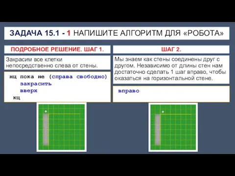 ЗАДАЧА 15.1 - 1 НАПИШИТЕ АЛГОРИТМ ДЛЯ «РОБОТА» Закрасим все клетки непосредственно