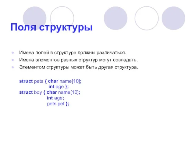 Поля структуры Имена полей в структуре должны различаться. Имена элементов разных структур