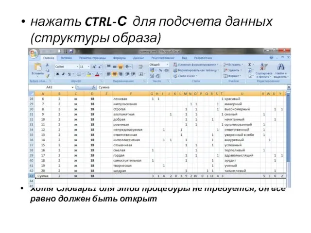 нажать CTRL-С для подсчета данных (структуры образа) Хотя Словарь1 для этой процедуры