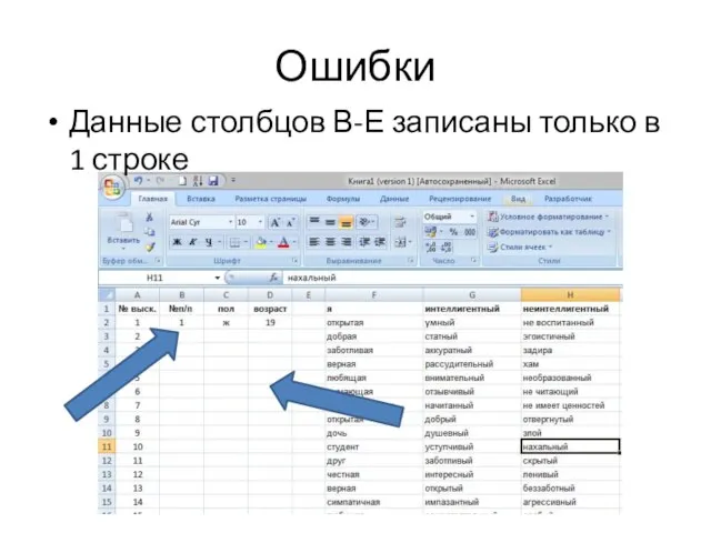 Ошибки Данные столбцов В-Е записаны только в 1 строке