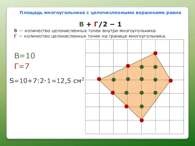 Площадь многоугольника с целочисленными вершинами равна В + Г/2 − 1 В