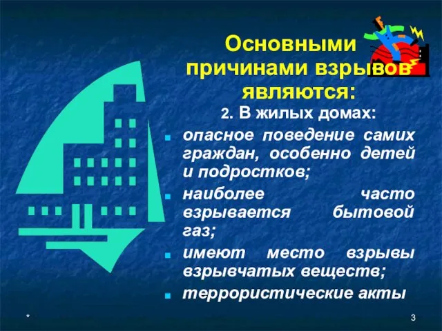 * Основными причинами взрывов являются: 2. В жилых домах: опасное поведение самих