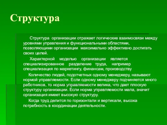 Структура Структура организации отражает логические взаимосвязи между уровнями управления и функциональными областями,