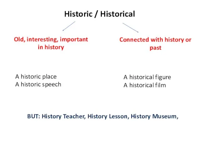 Historic / Historical Old, interesting, important in history Connected with history or
