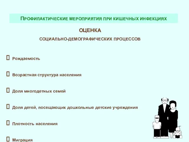 ПРОФИЛАКТИЧЕСКИЕ МЕРОПРИЯТИЯ ПРИ КИШЕЧНЫХ ИНФЕКЦИЯХ ОЦЕНКА СОЦИАЛЬНО-ДЕМОГРАФИЧЕСКИХ ПРОЦЕССОВ Рождаемость Возрастная структура населения