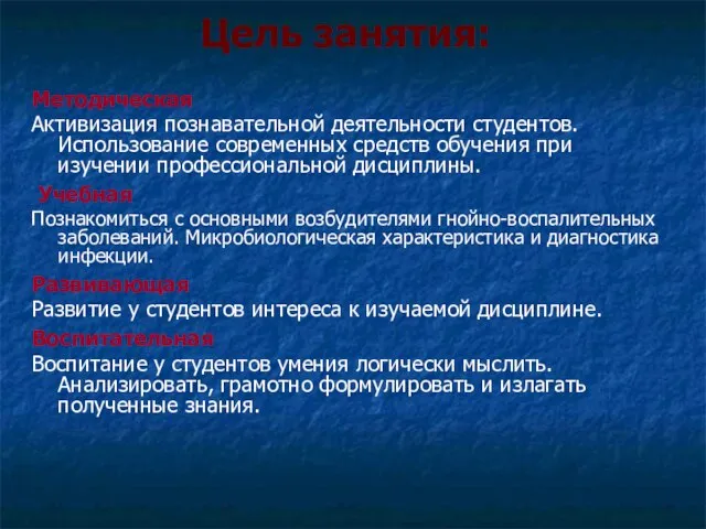 Цель занятия: Методическая Активизация познавательной деятельности студентов. Использование современных средств обучения при